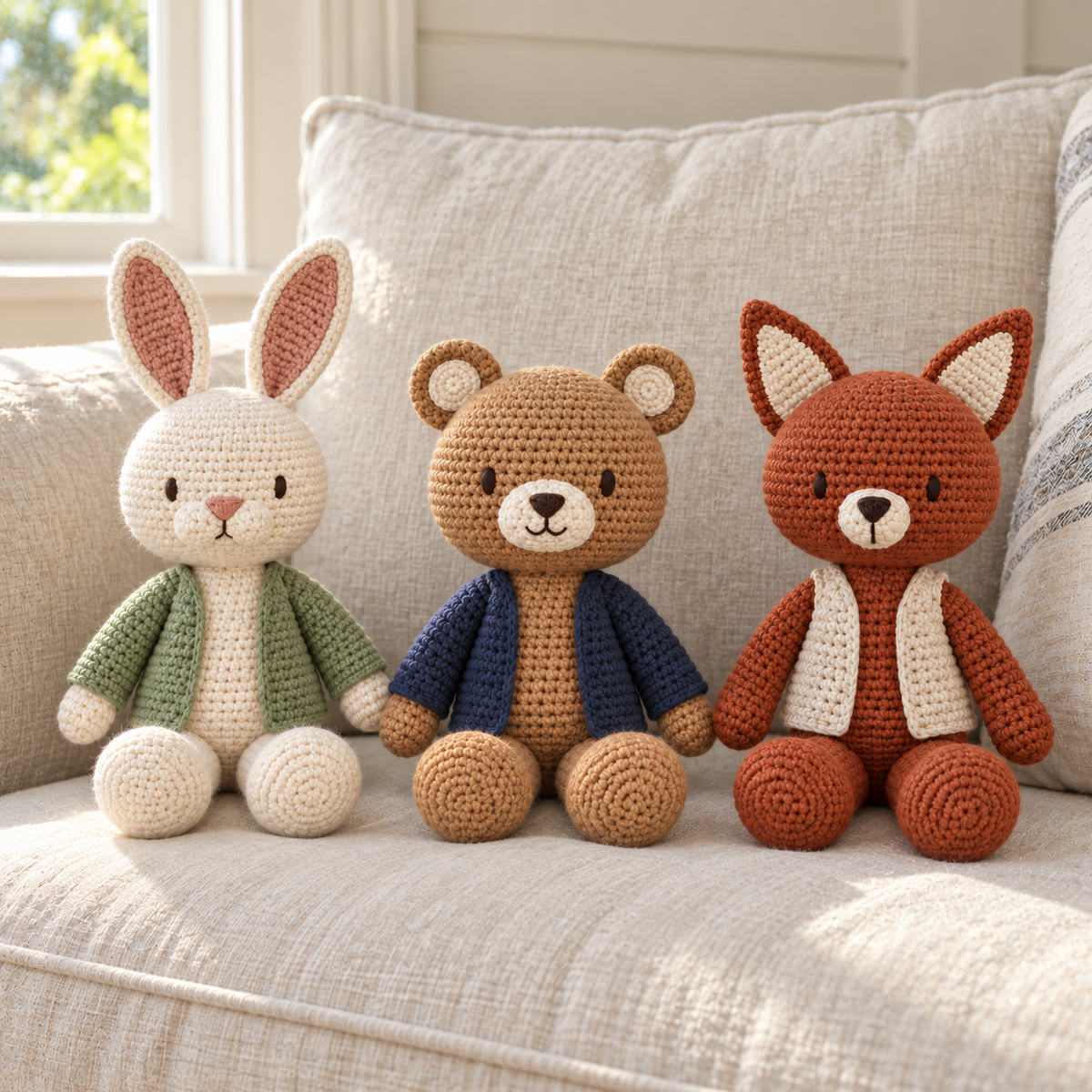 An ivory crochet bunny in a sage jacket, a honey-brown bear in a navy cardigan and a rust fox in an oatmeal gilet sitting on a linen sofa.