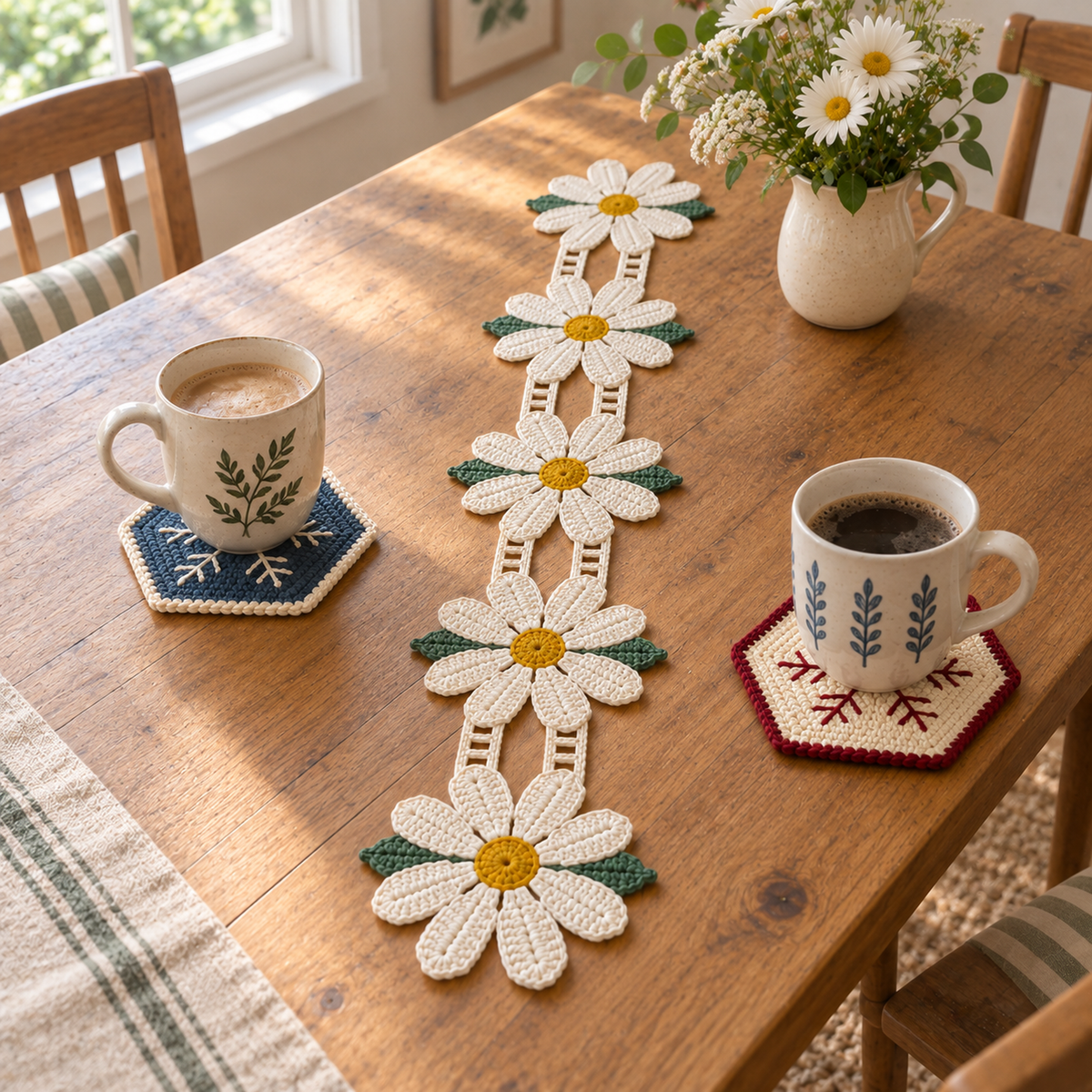 An ivory daisy crochet runner on a wooden dining table beside flowers and two mugs on crochet snowflake coasters.