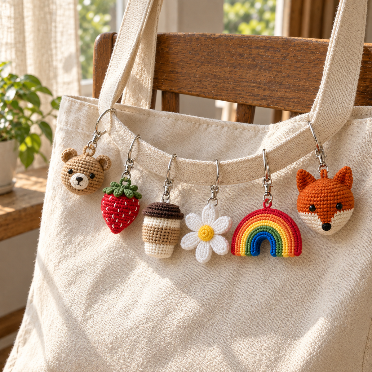 Bear, strawberry, coffee cup, daisy, rainbow and fox crochet charms clipped along the handle of a canvas tote.