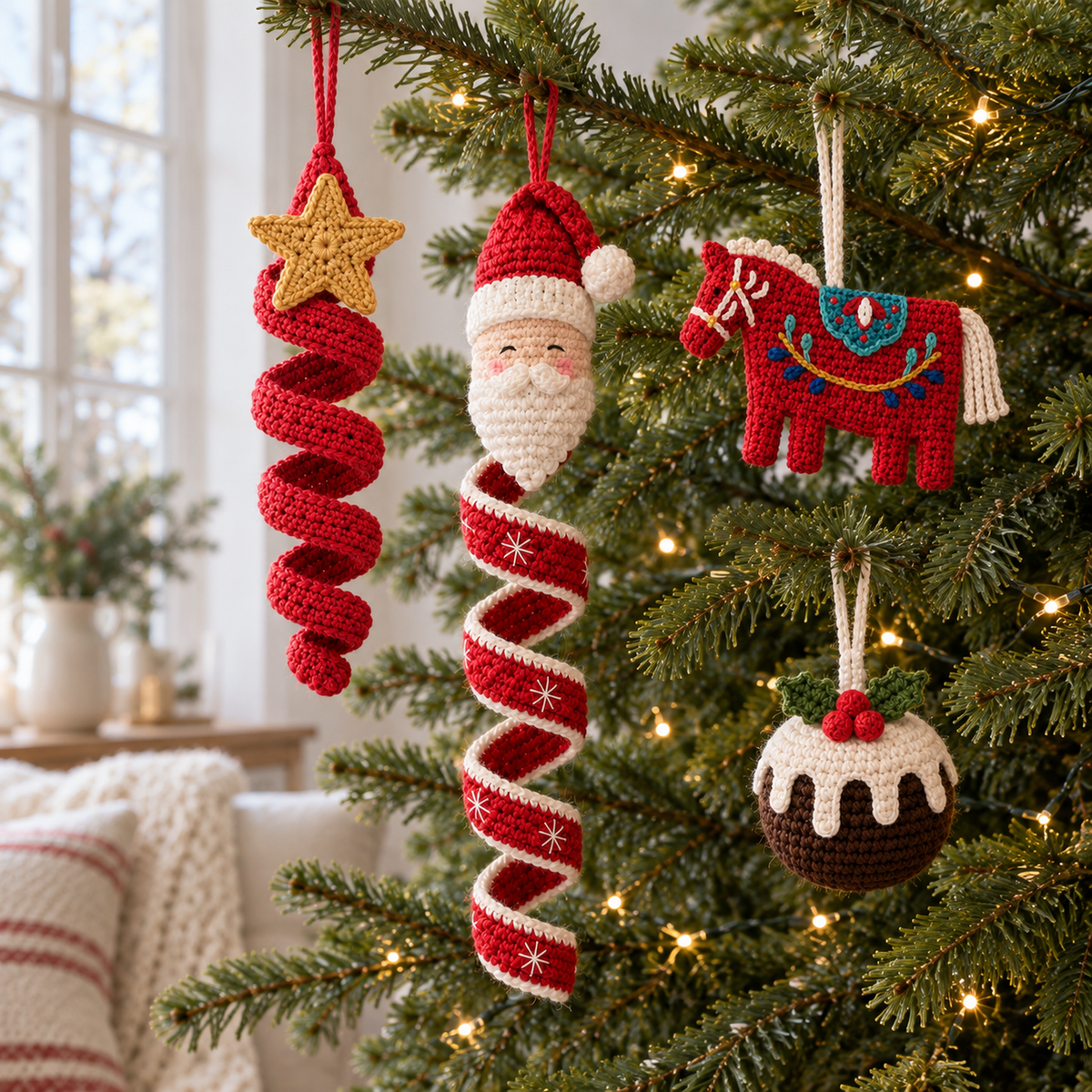 A star spiral, a Santa spiral, a red Dala horse and a Christmas pudding crochet ornament hanging on a lit Christmas tree.