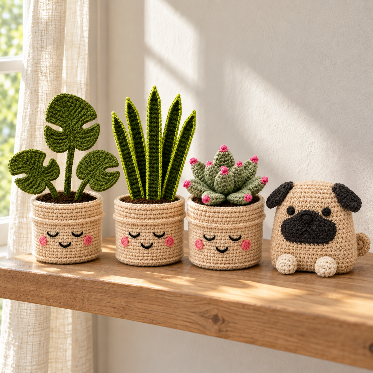 Crochet Monstera, Snake Plant and Succulent pot buddies with sleepy faces beside a small pug on a sunny shelf.