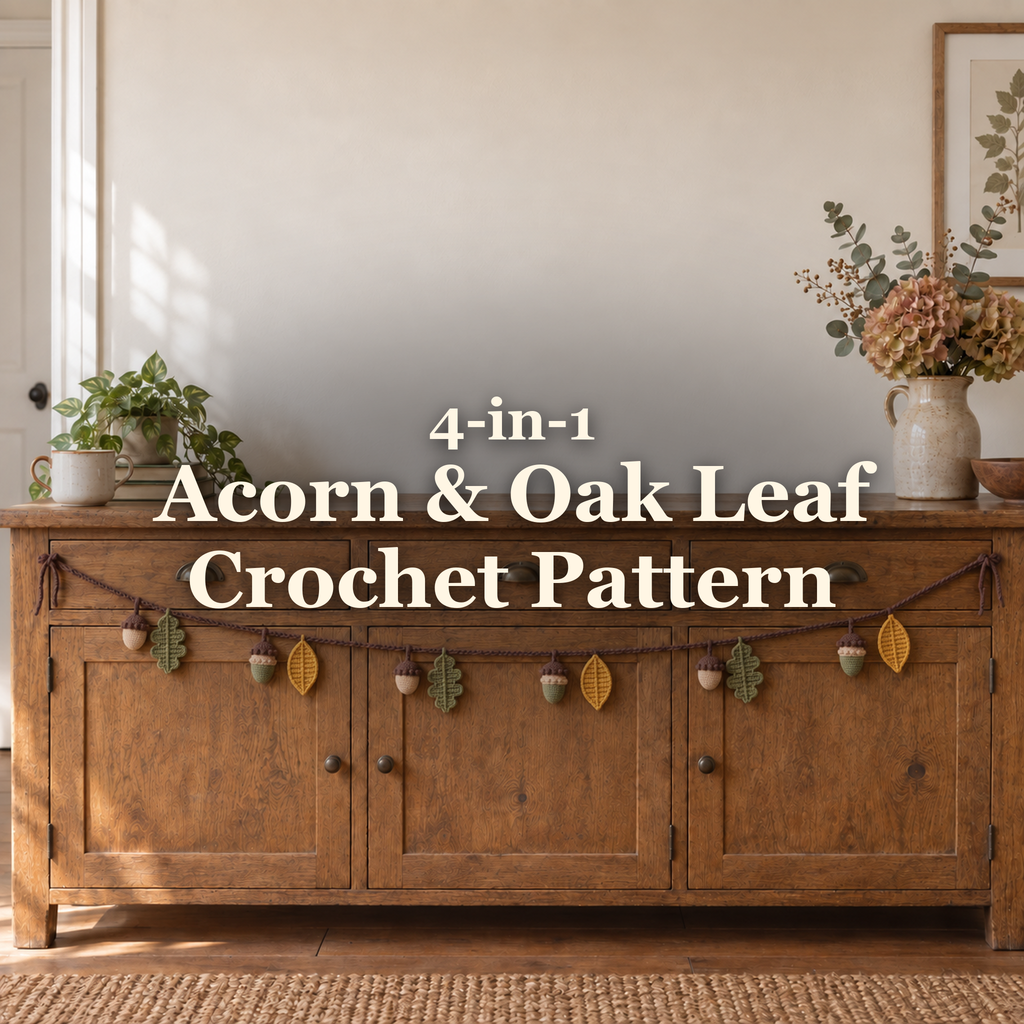 A small acorn and leaf garland draped across a wooden sideboard in a warm autumn home, with the crochet pattern title.