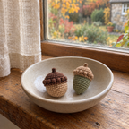 A tan acorn with a brown textured cap and a slender sage acorn with a tan textured cap in a cream bowl on a windowsill.