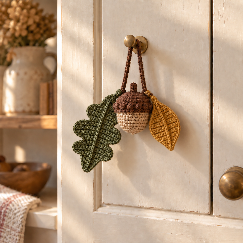 One tan crochet acorn with an olive oak leaf and a mustard oval leaf hanging from a brown yarn loop on a cupboard hook.