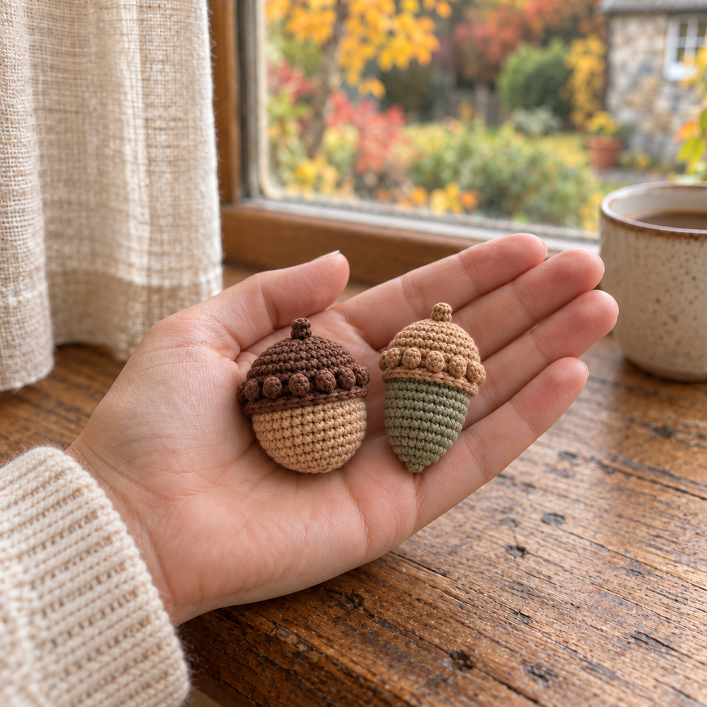 An adult hand holding a small tan acorn and a slender sage acorn with textured crochet caps.