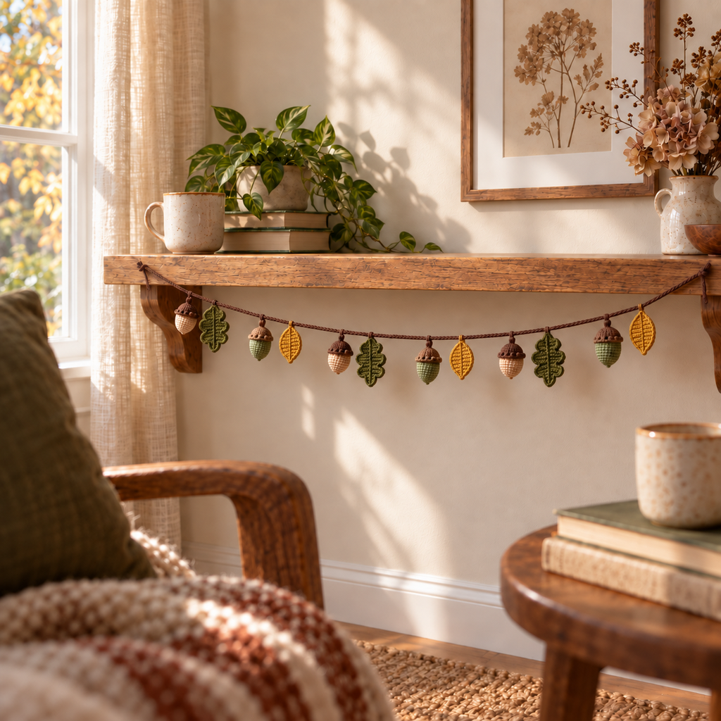 Six acorns and six olive or mustard crochet leaves on a brown garland hanging beneath an oak shelf in a cosy reading corner.