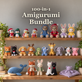 100-in-1 Amigurumi Bundle title above a wooden shelf display of crochet animals and Christmas characters, including a folded lilac bear lovey.