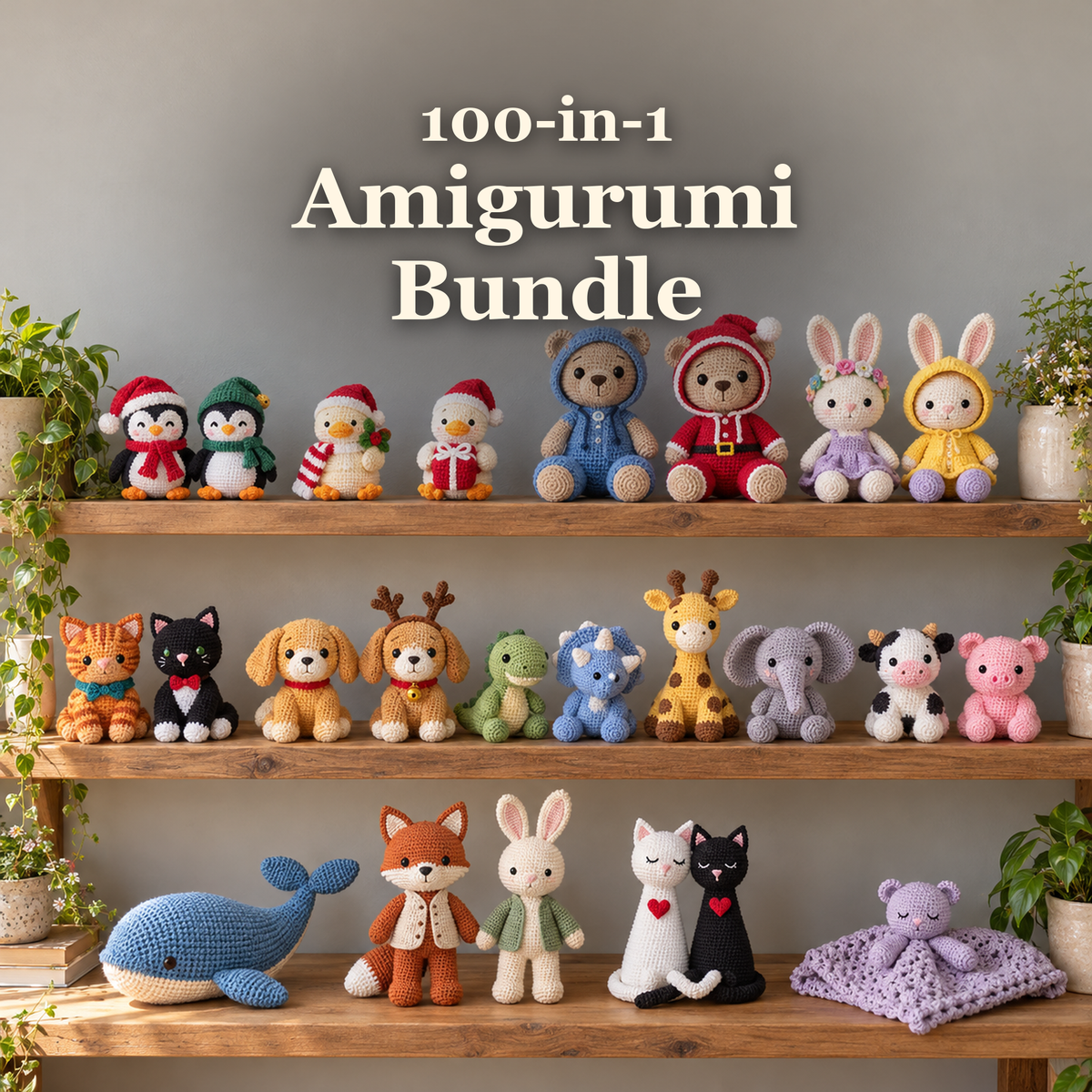 100-in-1 Amigurumi Bundle title above a wooden shelf display of crochet animals and Christmas characters, including a folded lilac bear lovey.