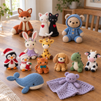 Thirteen crochet collections represented on a wooden table by Santa Penguin, Stocking Duck, Blue Boy Teddy, Flower Bunny, Orange Tabby, Golden Retriever, Baby T-rex, Giraffe, Cow, Bubbles Whale, Rusty Fox, Classic Cat Couple and Sleepy Bear Lovey.