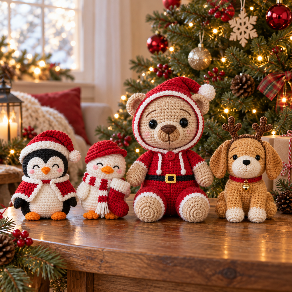 Santa Penguin, Stocking Duck, a larger Santa Teddy and Christmas Puppy beside a lit Christmas tree.