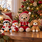 Santa Penguin, Stocking Duck, a larger Santa Teddy and Christmas Puppy beside a lit Christmas tree.