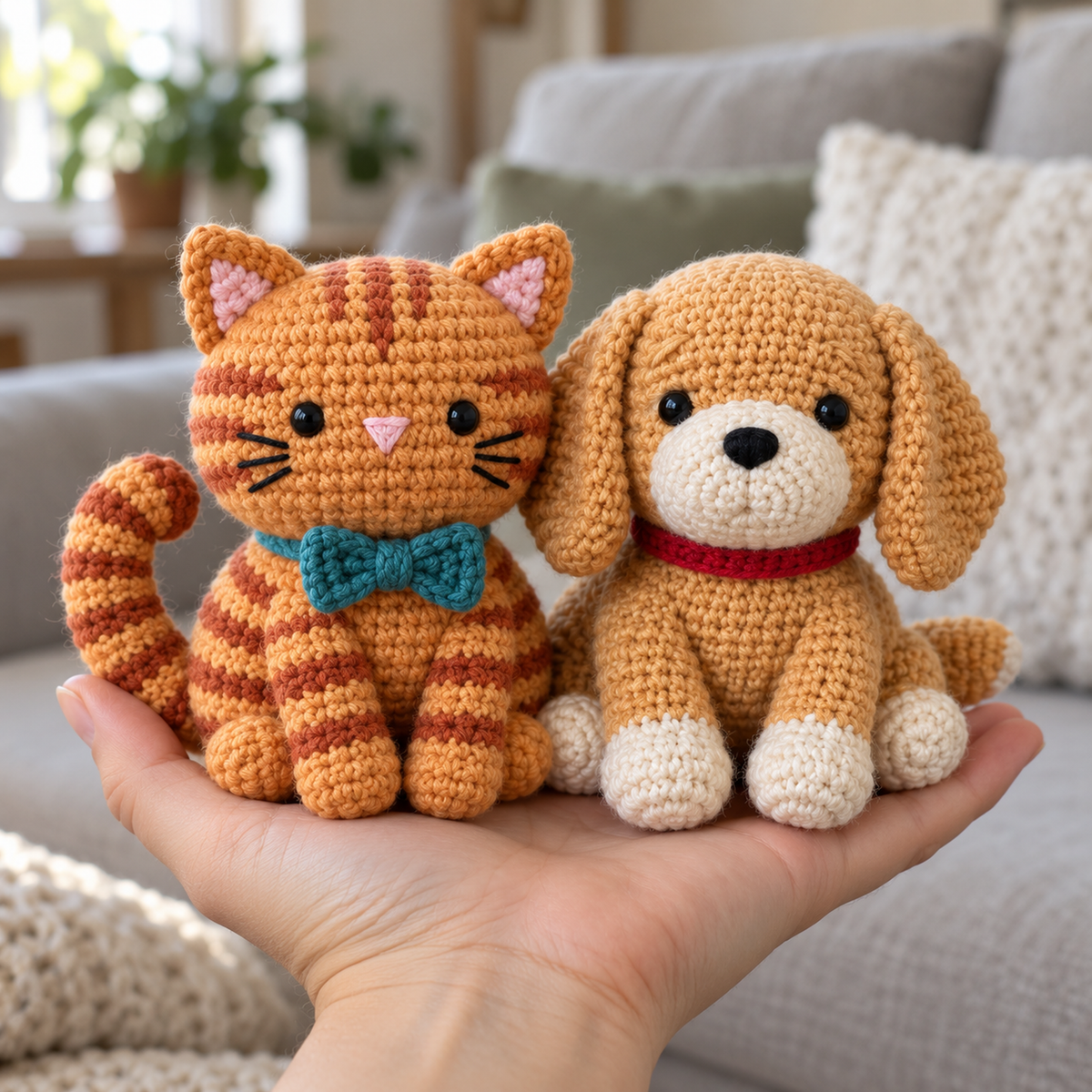 An adult hand supports an orange tabby crochet kitten with a teal bow and a golden crochet puppy with a red collar.