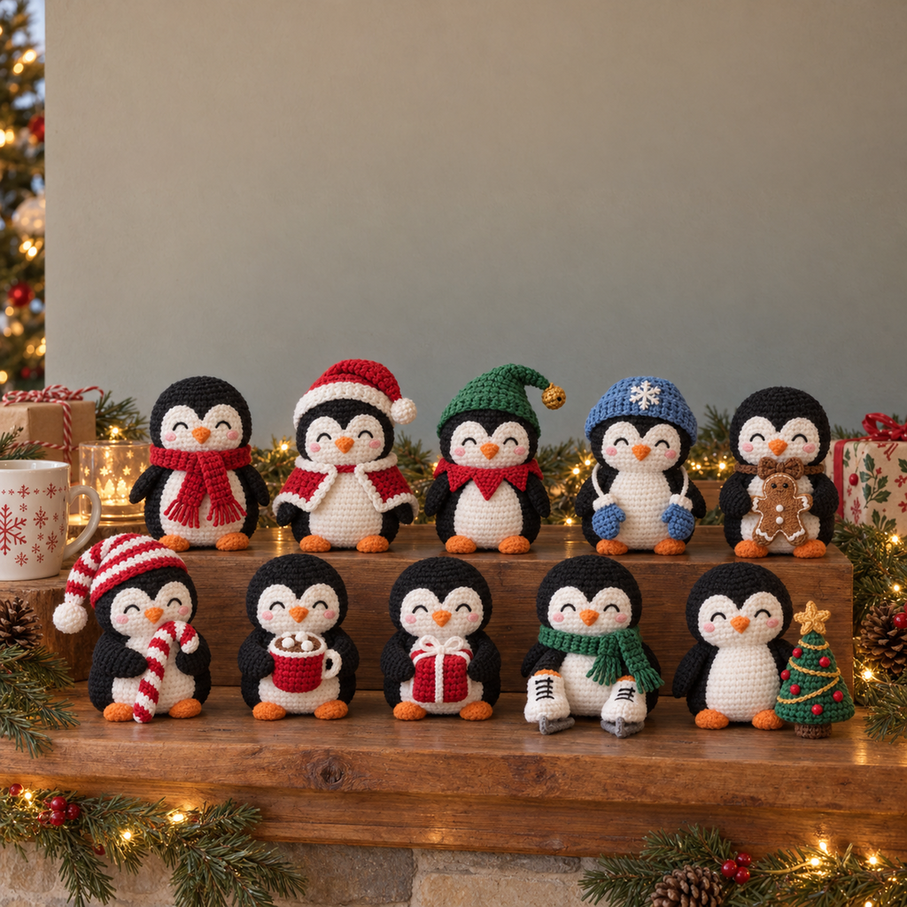 Christmas Penguin crochet collection in its existing home scene.