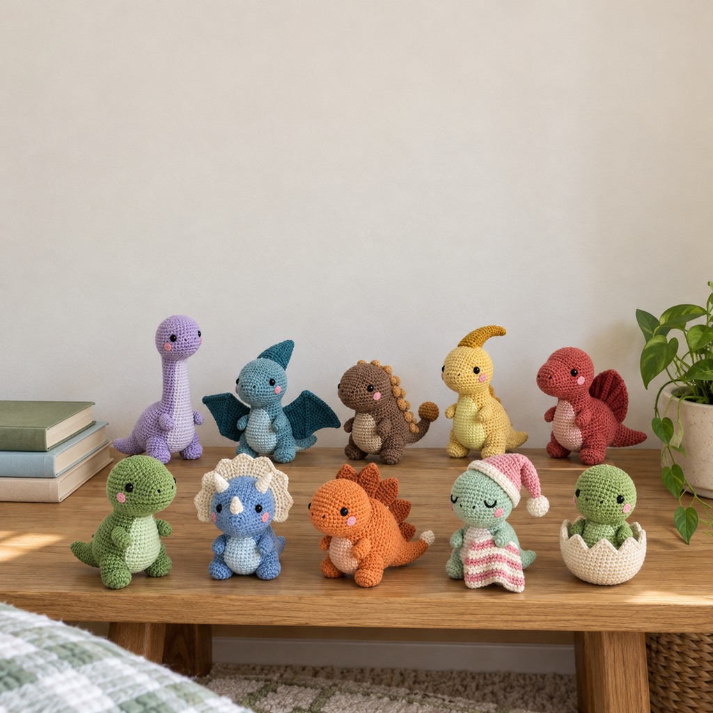 Baby Dinosaur crochet collection in its existing home scene.
