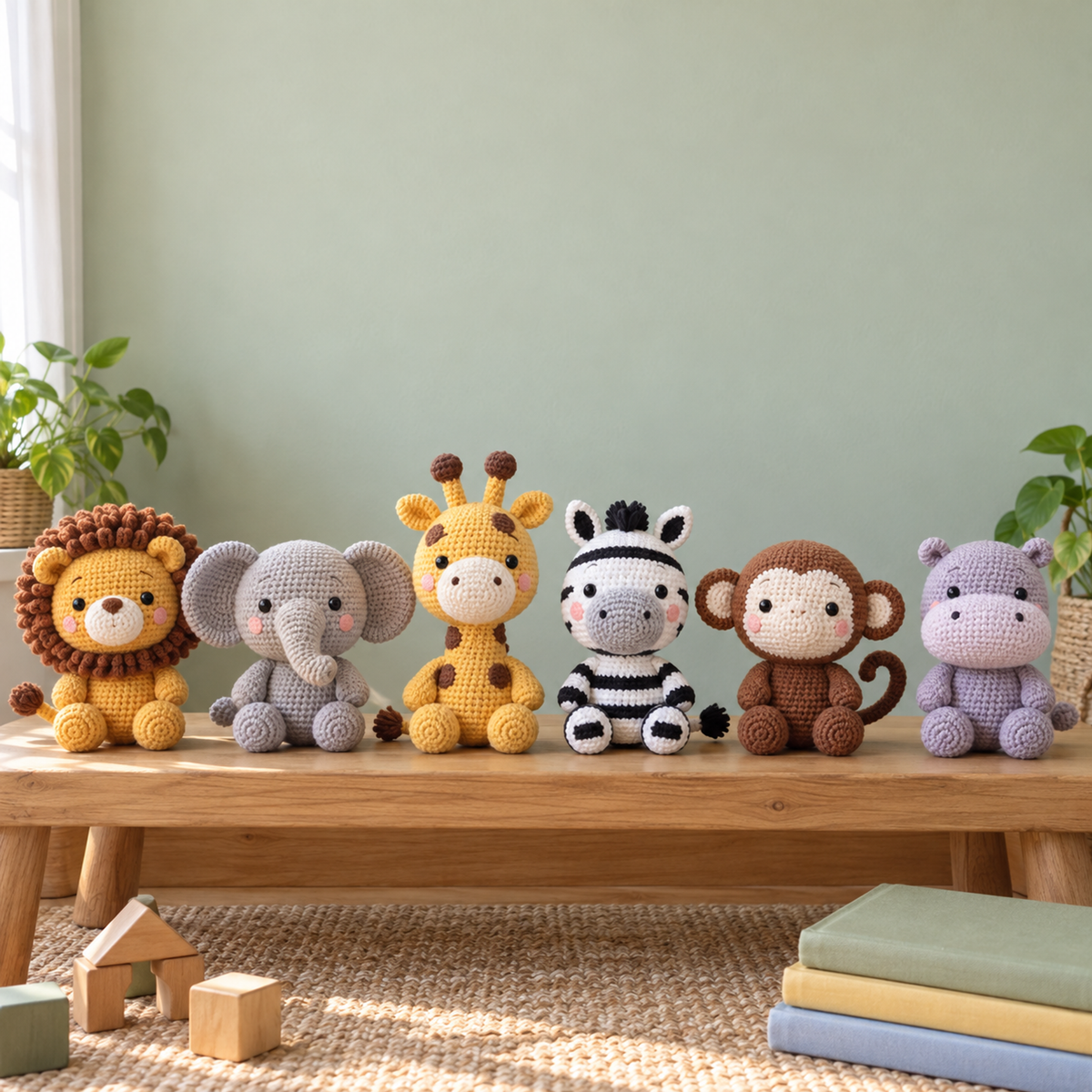 Safari Friends crochet collection in its existing home scene.
