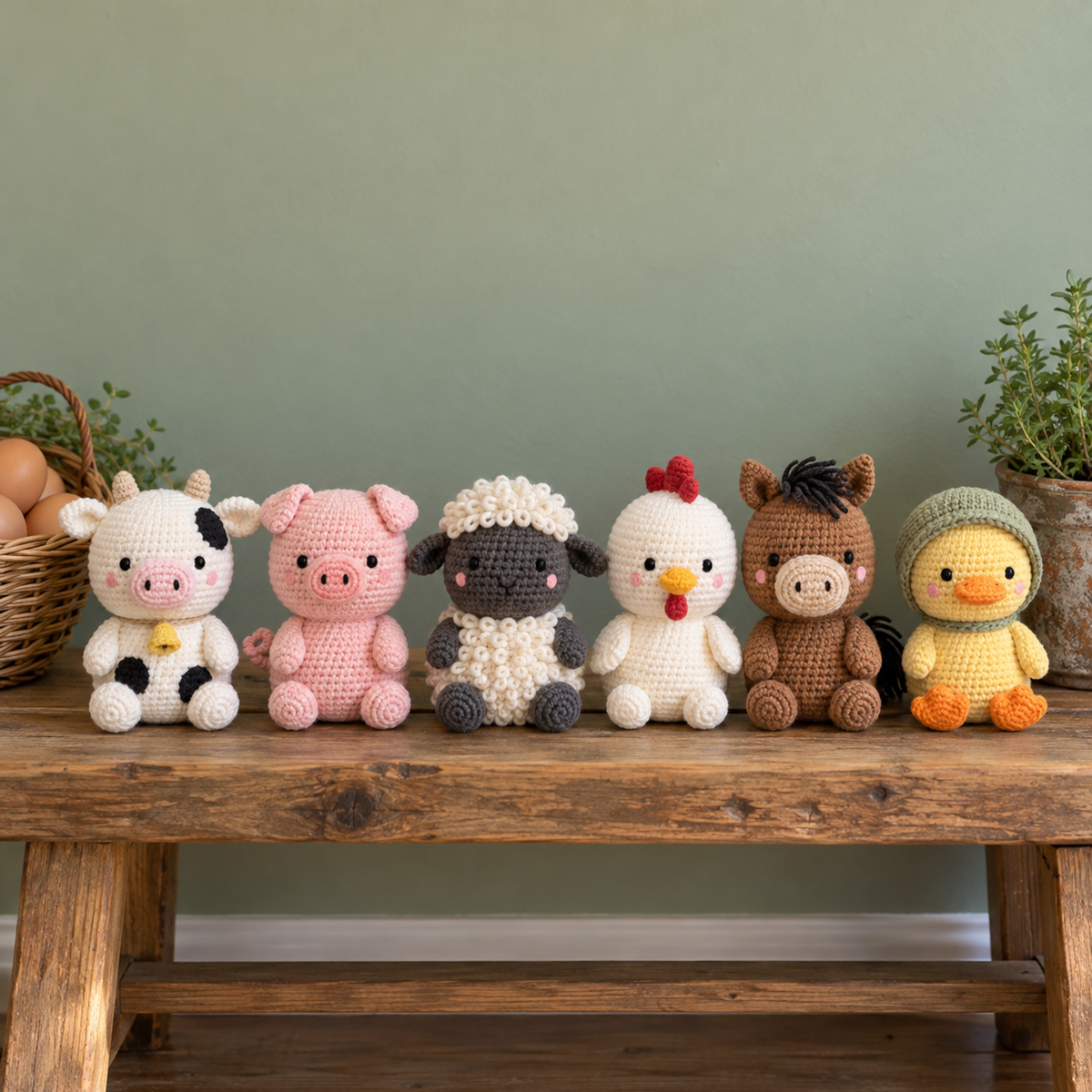 Farm Friends crochet collection in its existing home scene.