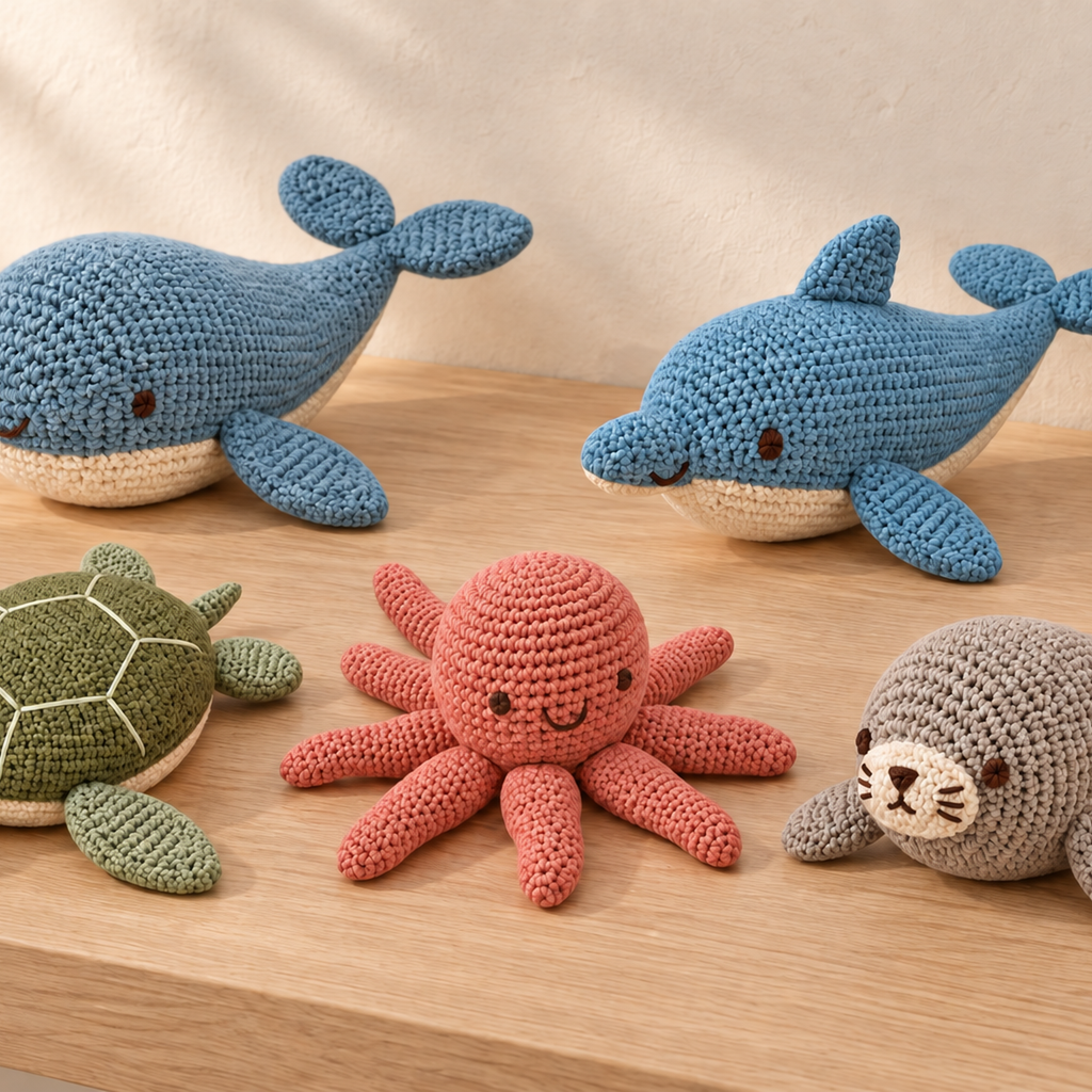 Cropped view of the Ocean Friends crochet animals on a wooden surface, with a coral octopus in the centre.
