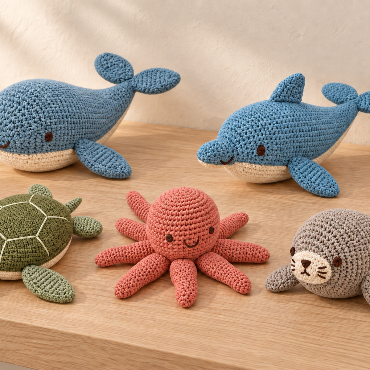Cropped view of the Ocean Friends crochet animals on a wooden surface, with a coral octopus in the centre.