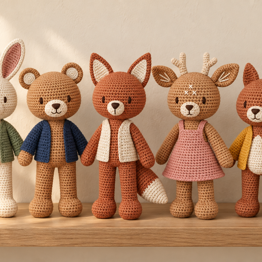 Cropped view of the Woodland Friends crochet collection with Bear, Fox and Deer in the centre and partial Bunny and Squirrel at the edges.