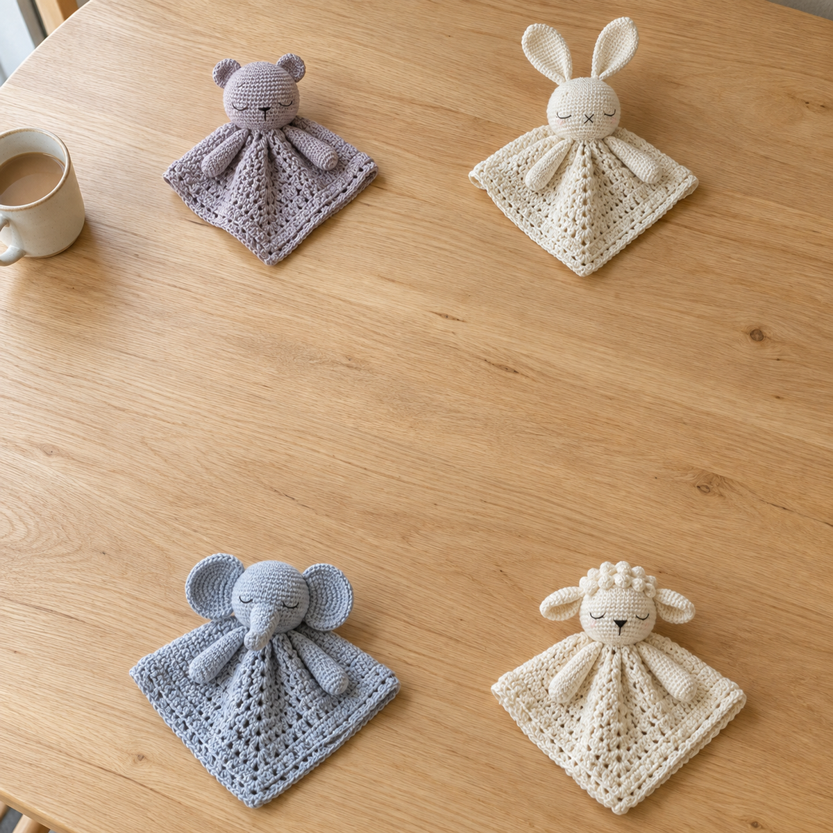 Sleepy Animal Lovey crochet collection in its existing home scene.