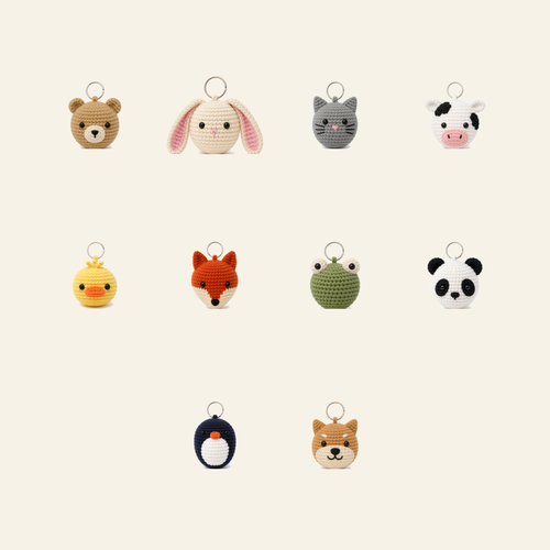 All 10 mini animal crochet bag charms in the set, shown together