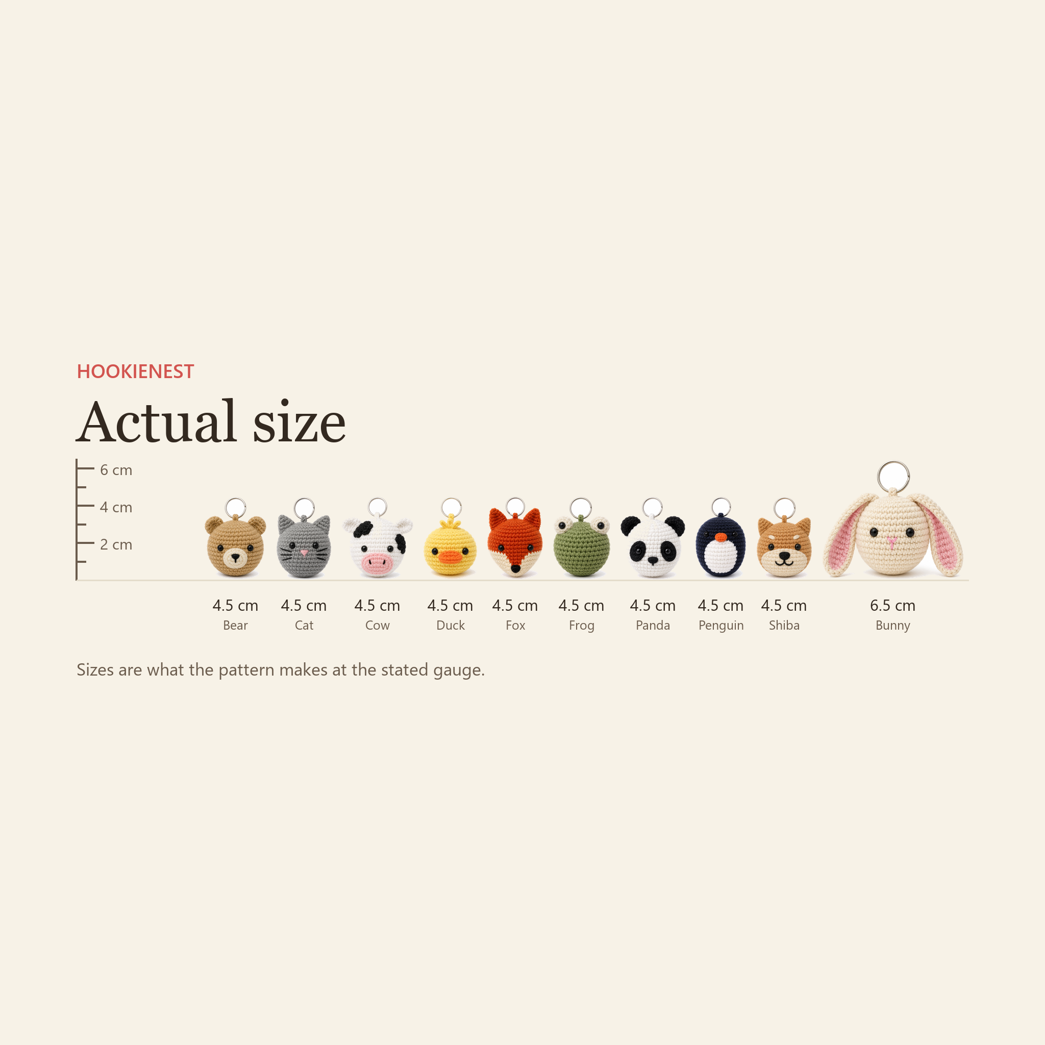 Every mini animal charm beside a centimetre ruler at its finished size
