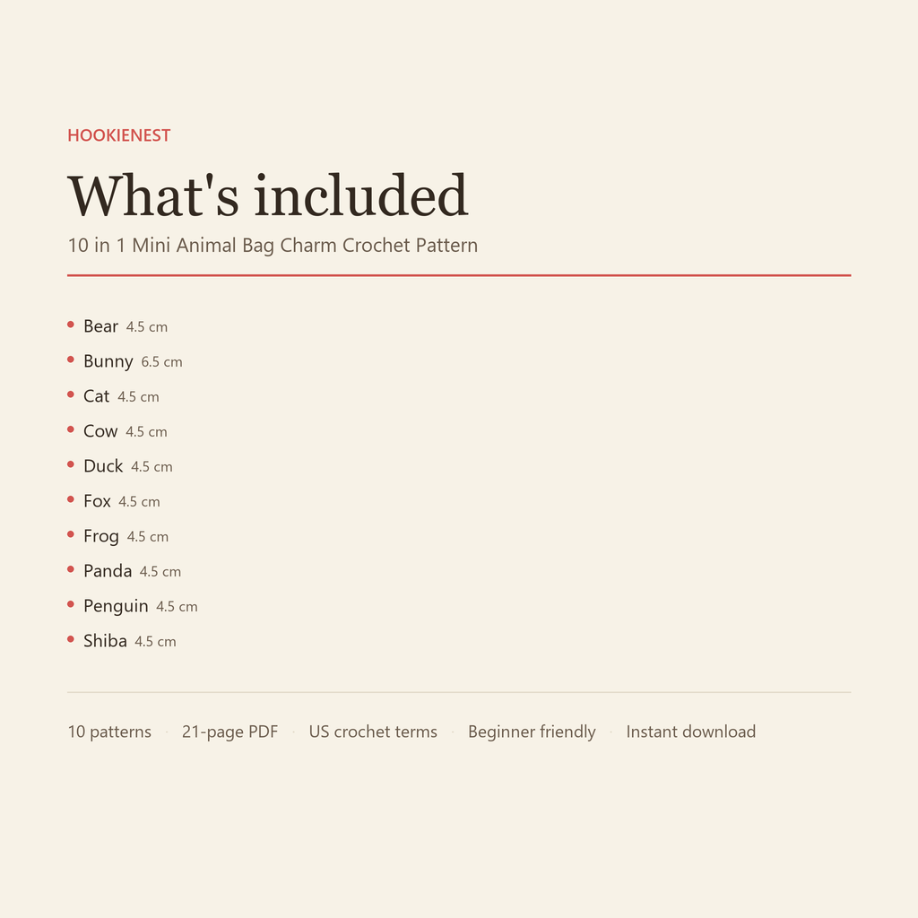 What's included: 10 crochet patterns in one 21-page PDF, US terms