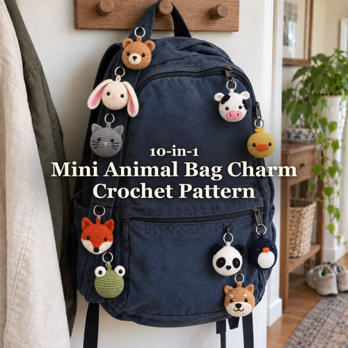 Ten crochet animal bag charms hang from the strap and zips of a navy backpack on a wooden hallway hook, with the title 10-in-1 Mini Animal Bag Charm Crochet Pattern across the centre.