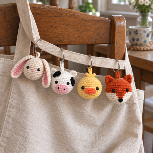 Cream bunny, white cow, yellow duck and rust fox crochet charms hang from silver rings on a canvas tote handle draped over a wooden chair.