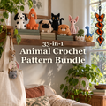 Crochet dog and cat shelf buddies on books beside hatching dinosaur eggs, animal charms on a tote and a monarch butterfly spinner in the window: 33-in-1 Animal Crochet Pattern Bundle