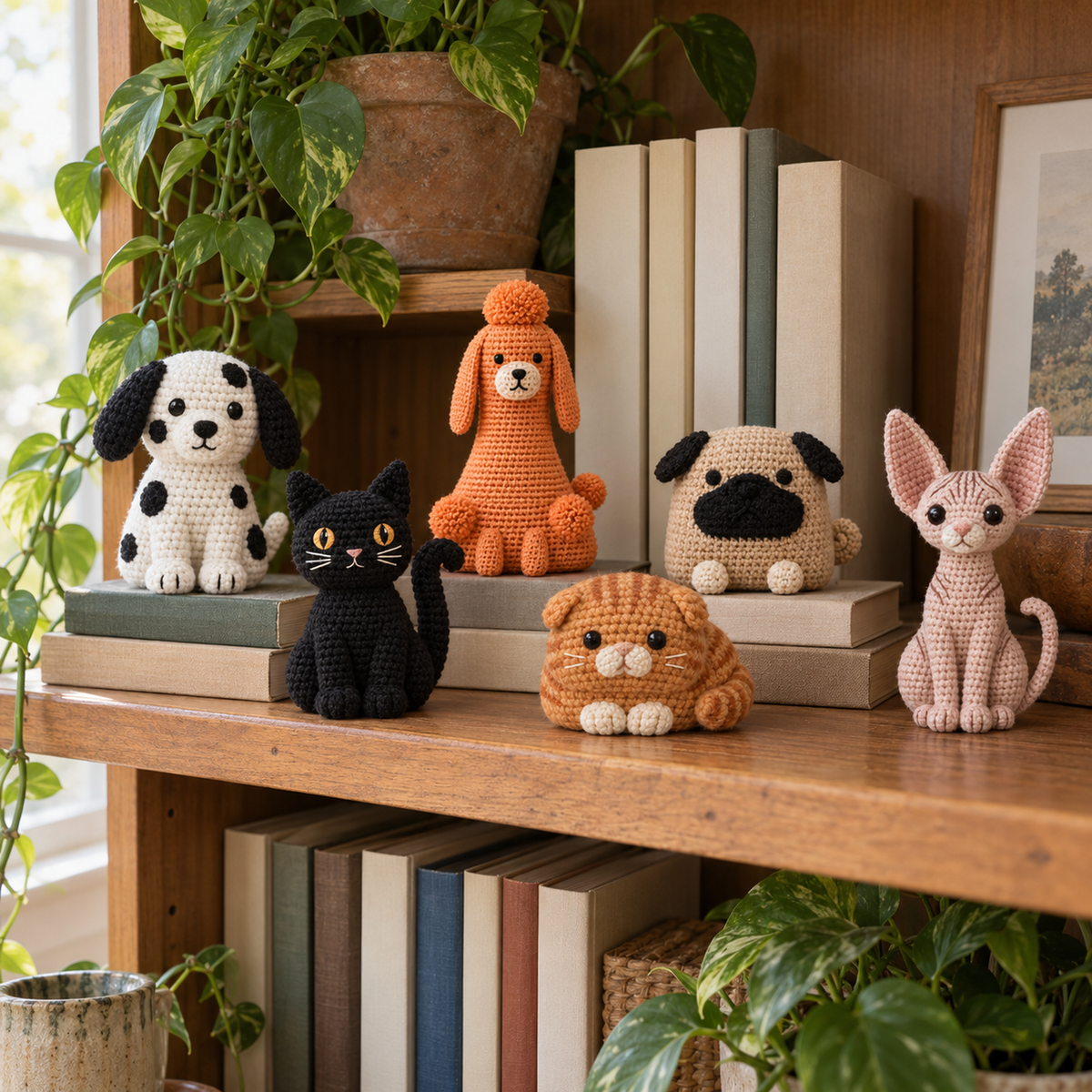 Three crochet dogs and three crochet cats sitting on a wooden bookshelf among books and houseplants.
