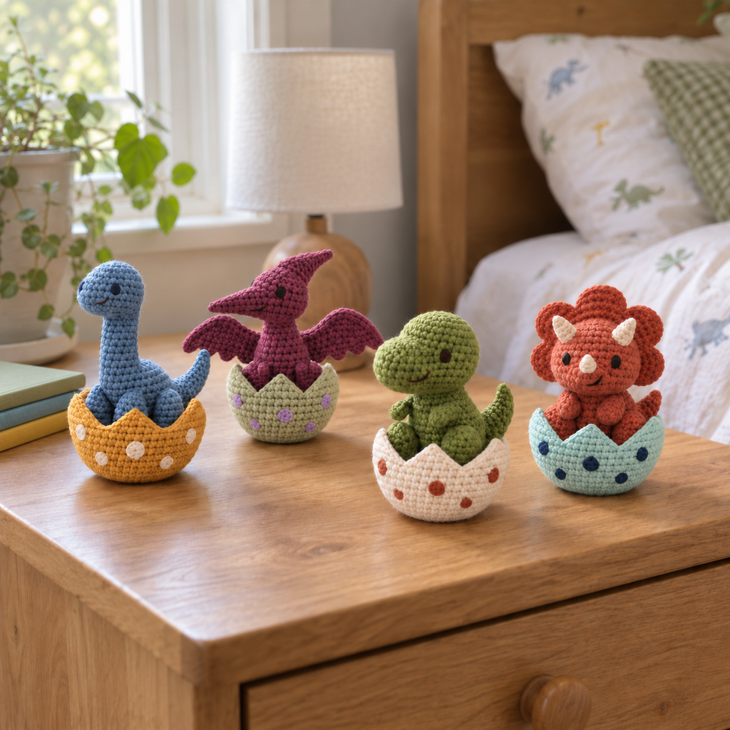 Four crochet baby dinosaurs in colourful cracked eggs on a child's bedside table.