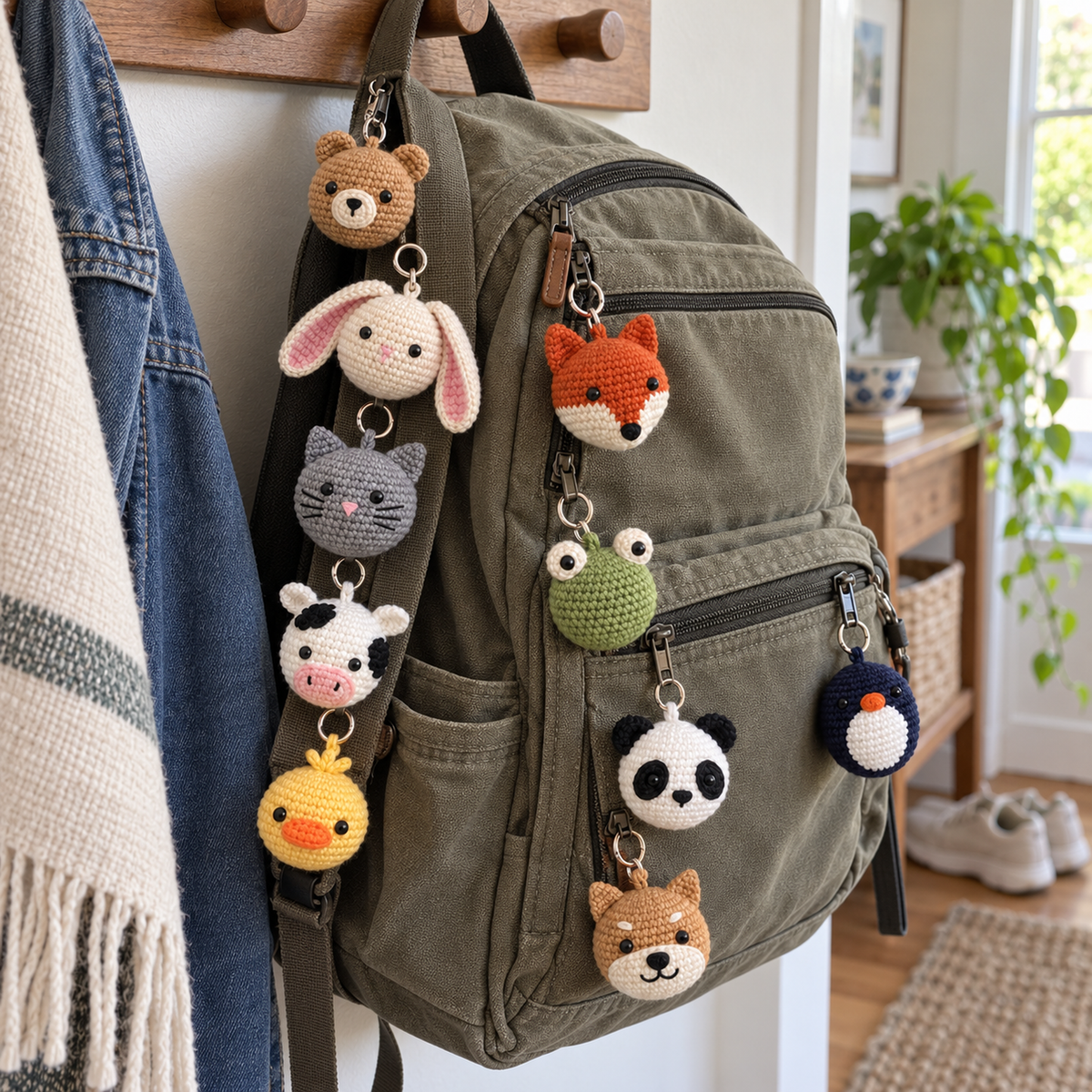 Ten small crochet animal charms hanging from the straps and zips of a canvas backpack.
