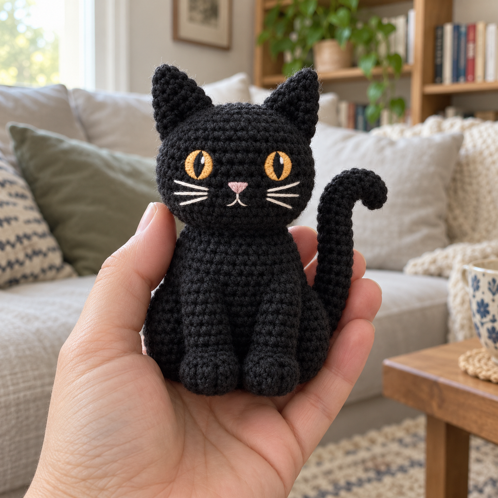 An adult hand holding a small black crochet cat with amber eyes and a curled tail.