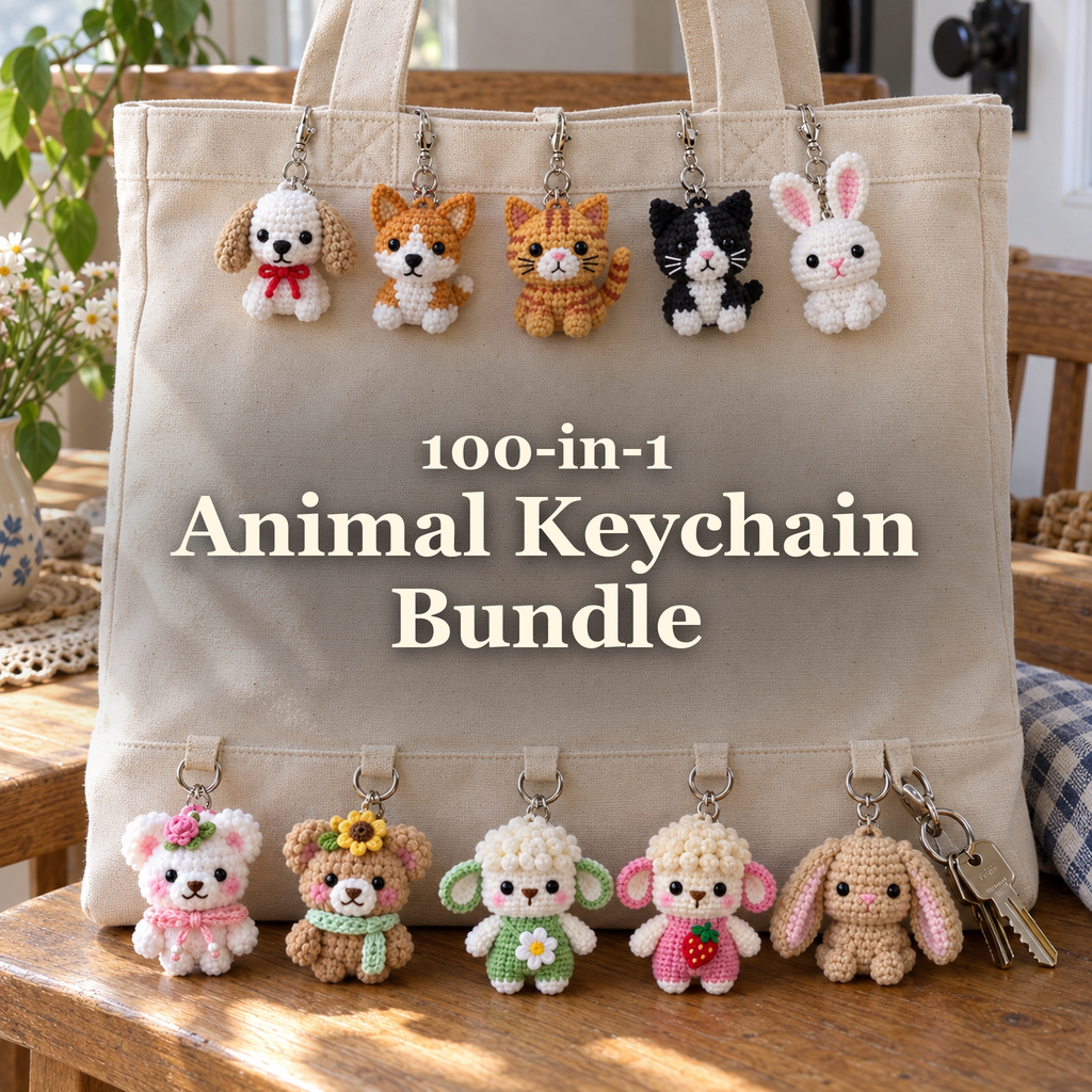 Ten crochet animal keychains in two groups on a canvas tote, with house keys beside the lower group: two dogs, two cats, two plush bears, two curly sheep and two bunnies. The central canvas carries the title 100-in-1 Animal Keychain Bundle.