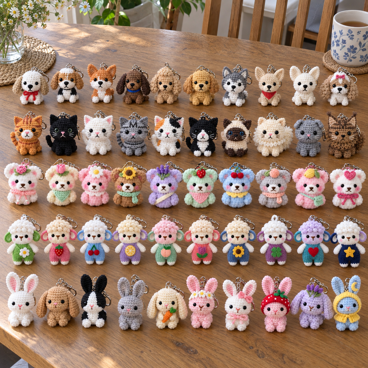 Fifty crochet animal keychains on a wooden dining table in five rows: ten dogs, ten cats, ten plush bears, ten curly sheep and ten bunnies.