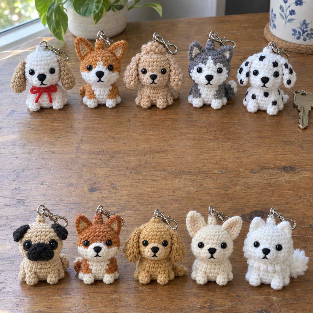 Ten small crochet dog keychains with different breeds and coat colours sit in two groups on a wooden table near a window.