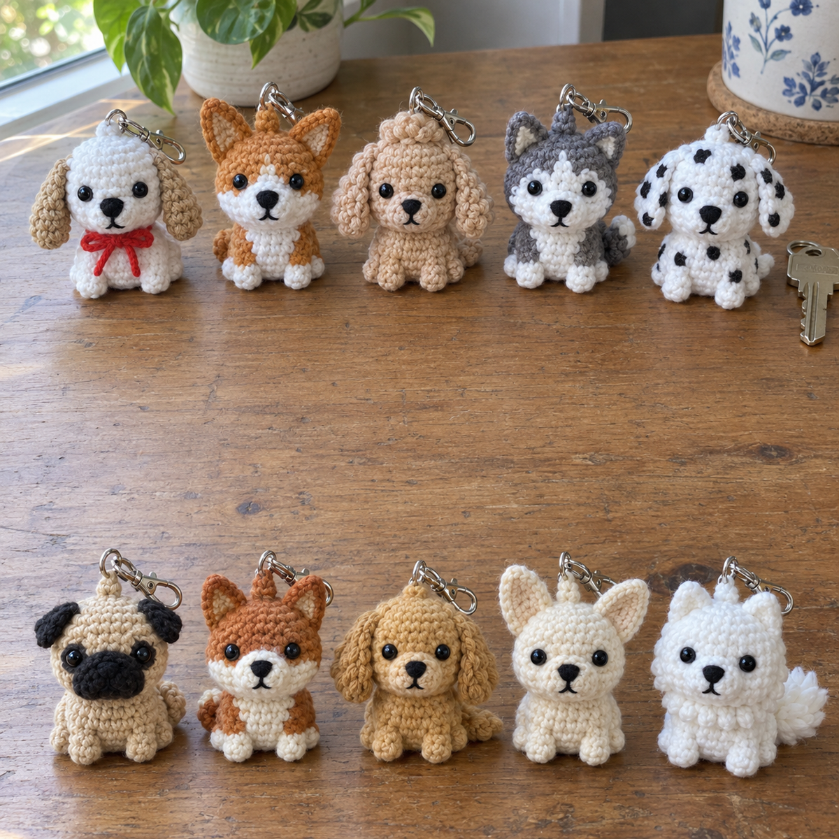 Ten small crochet dog keychains with different breeds and coat colours sit in two groups on a wooden table near a window.