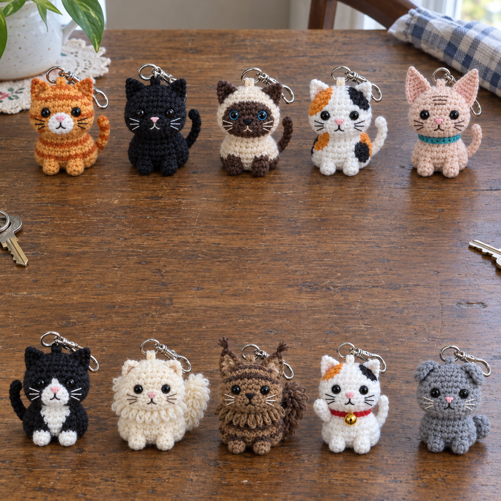 Ten crochet cat keychains with varied coat markings and tiny whiskered faces sit on a wooden table.