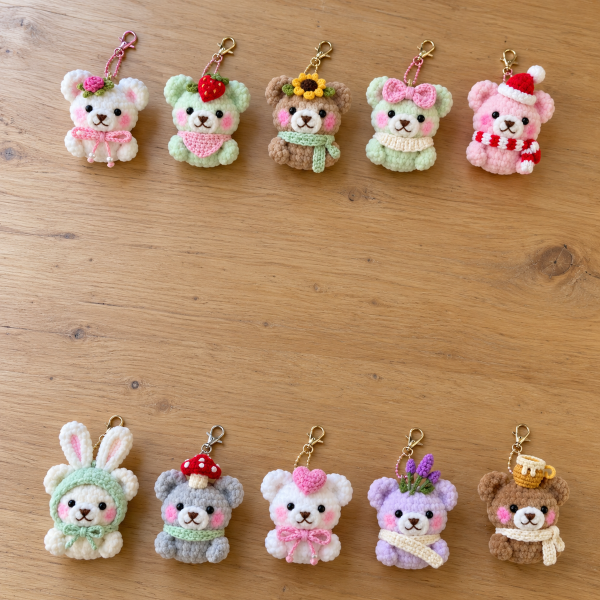 Ten soft crochet bear keychains with flowers, fruit, bows and little hats are arranged on a wooden table.