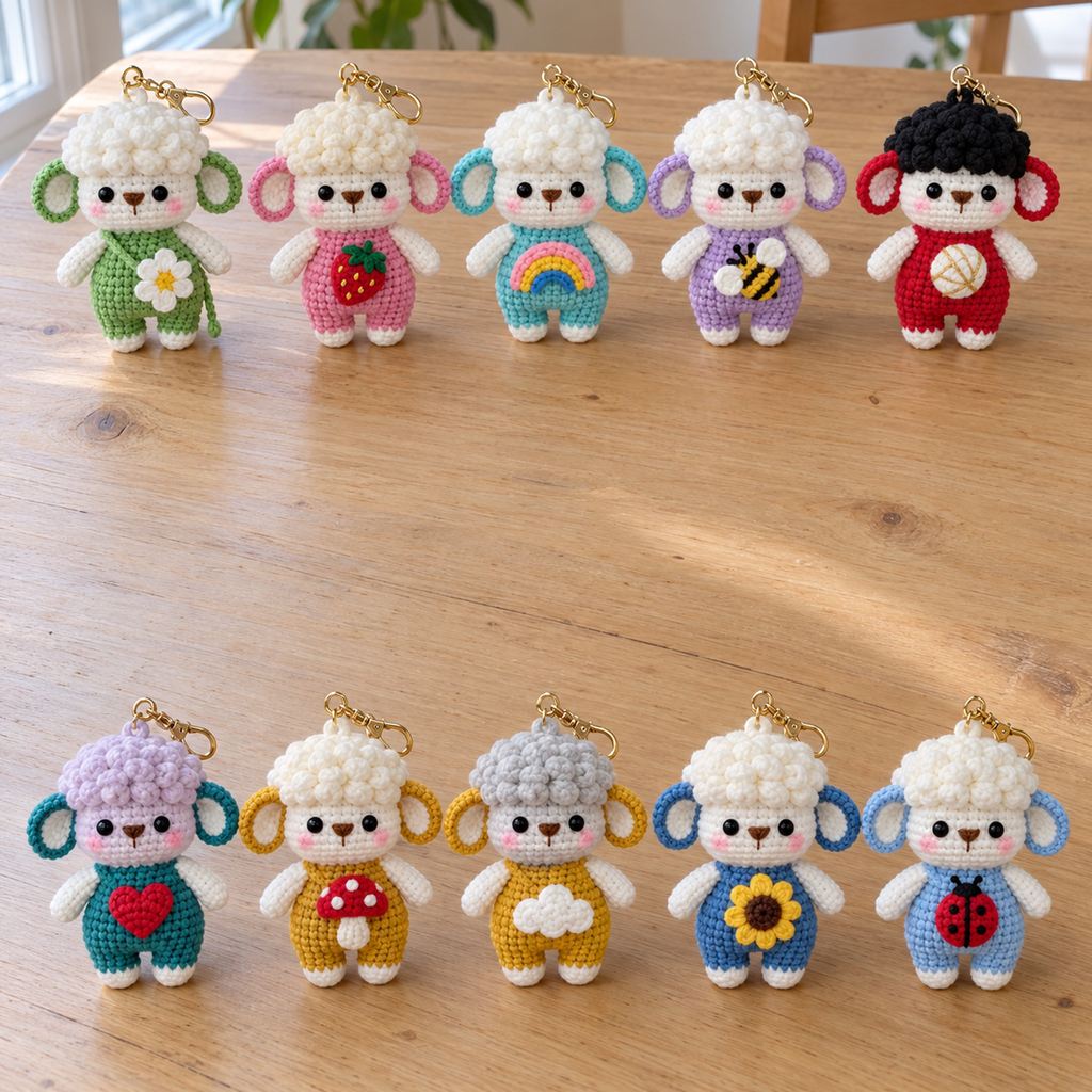 Ten curly-fleeced crochet sheep keychains wear colourful overalls with small chest motifs on a wooden table.
