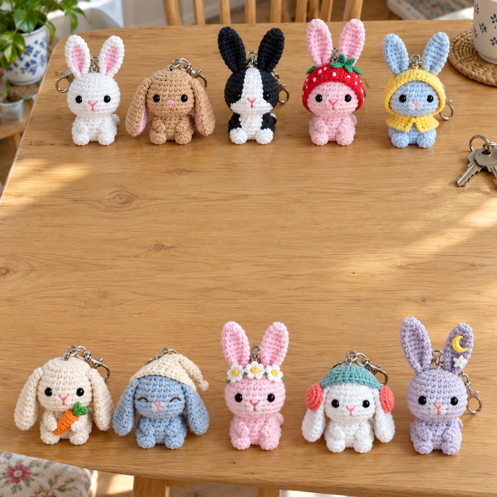 Ten crochet bunny keychains with upright or floppy ears, flowers, hats and other small accessories sit on a wooden table.