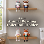 Four animal crochet reading roll holders on wooden shelves with the title 4-in-1 Animal Reading Toilet Roll Holder.