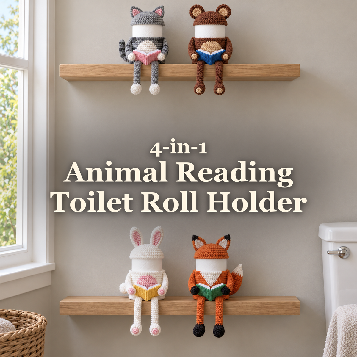 Four animal crochet reading roll holders on wooden shelves with the title 4-in-1 Animal Reading Toilet Roll Holder.