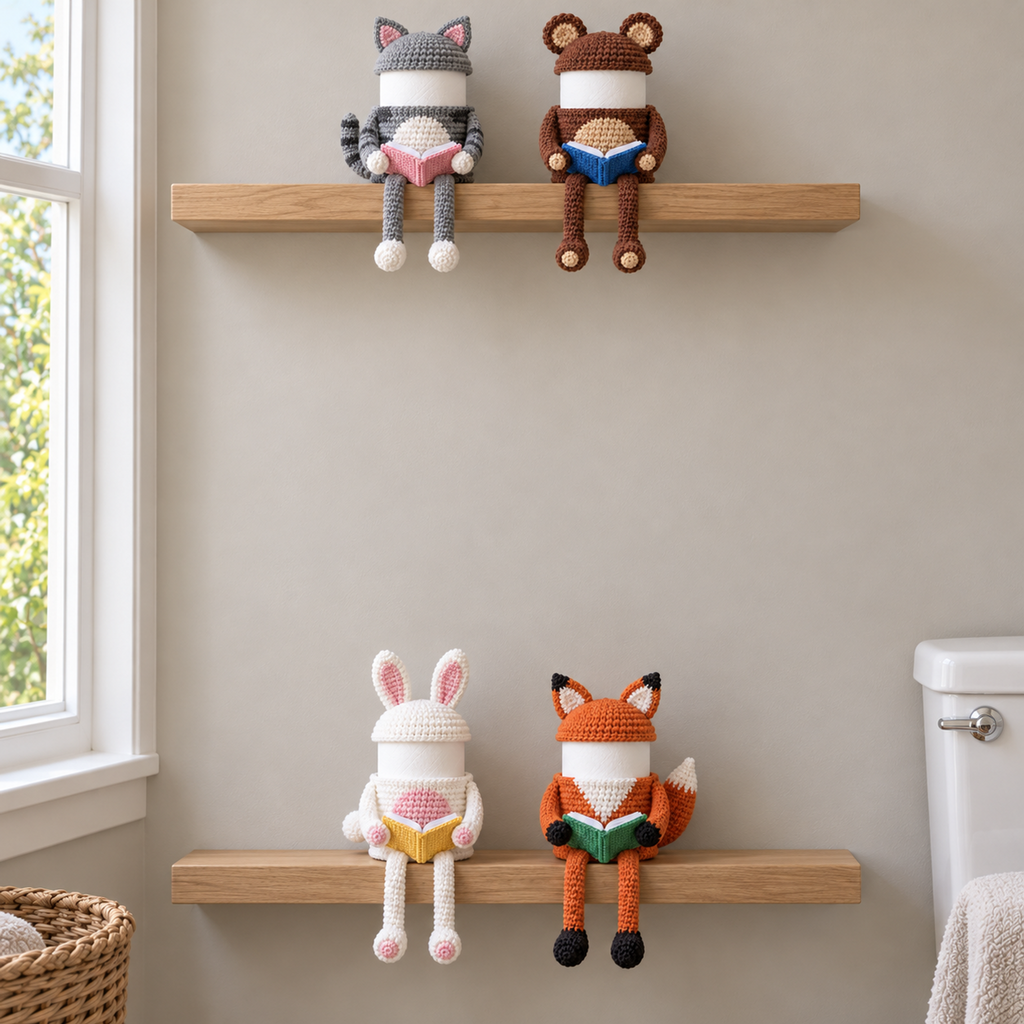 Cat, Bear, Bunny and Fox crochet reading roll holders on two wooden bathroom wall shelves.