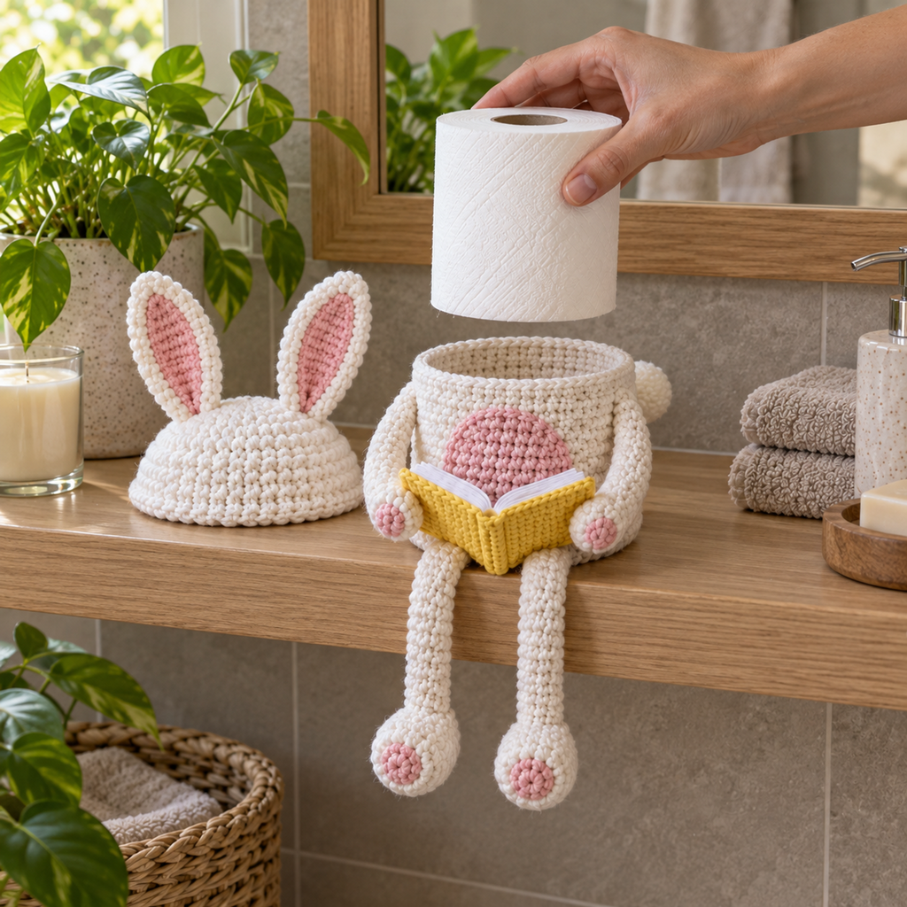 An adult hand lowers an upright white toilet roll above an empty Bunny cup while the pink-lined ear cap rests beside it.