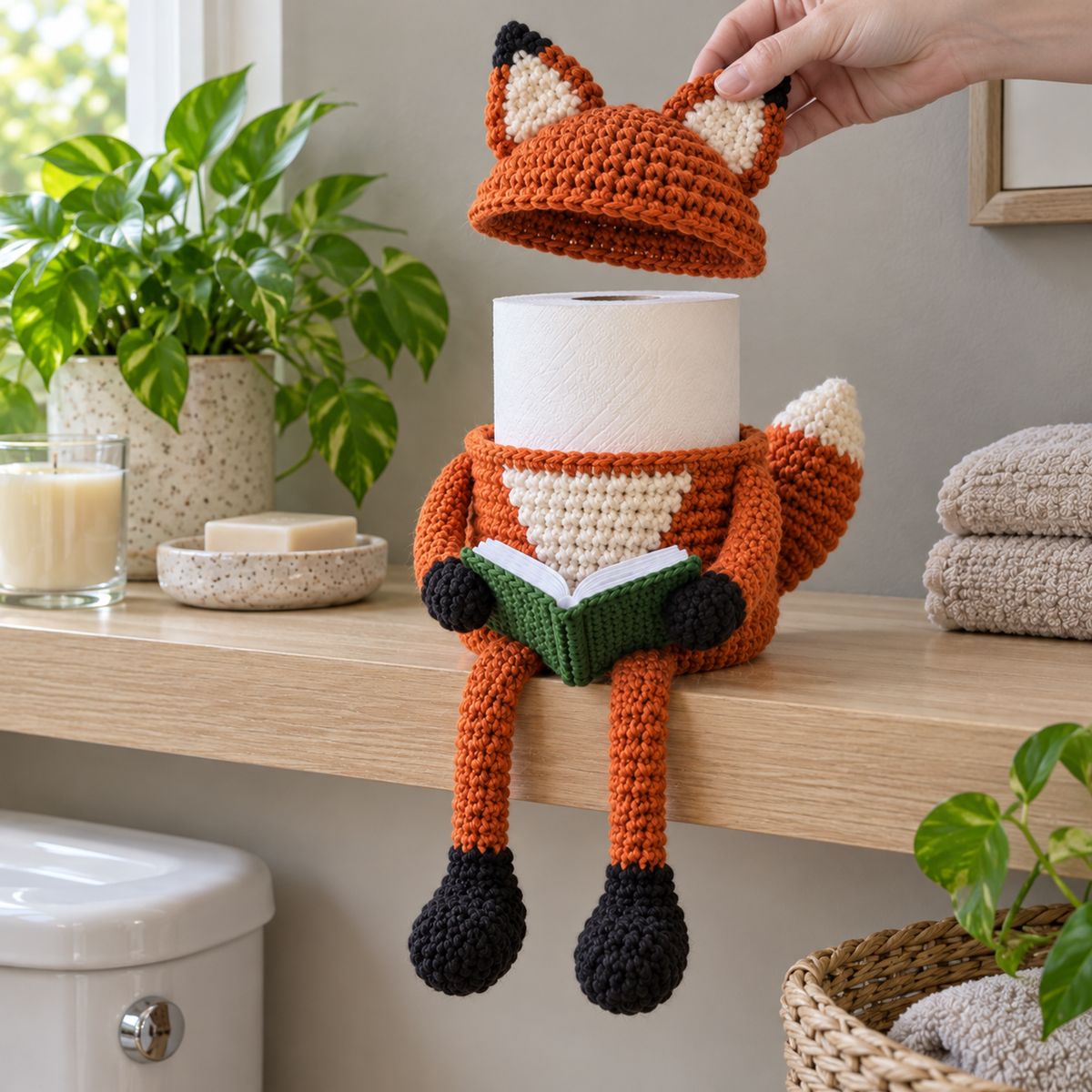 An adult hand lifts the orange Fox cap above a white roll standing in the cup, with a green open book and a white-tipped rear tail.