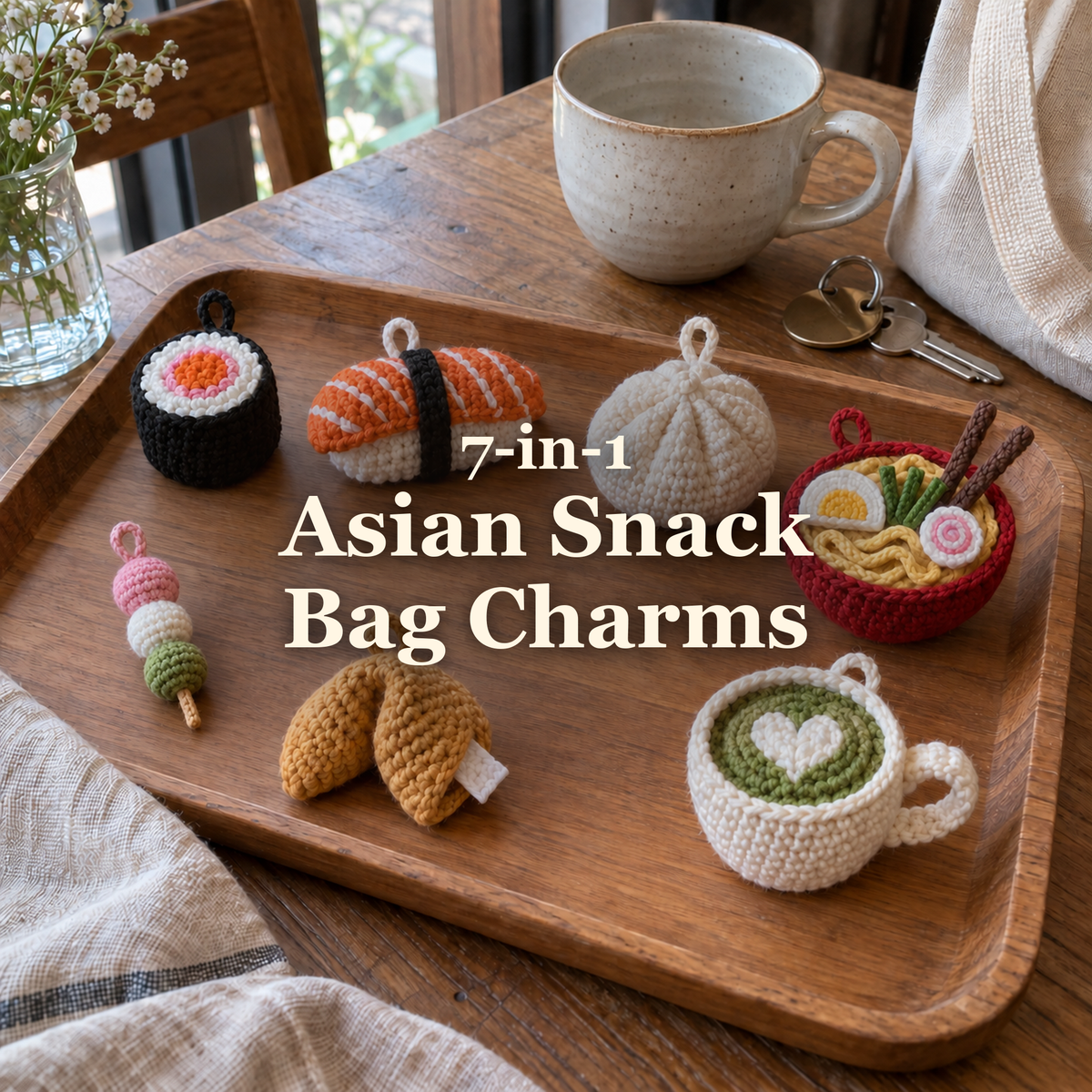Seven crochet Asian snack bag charms arranged on a wooden table