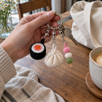 Crochet Asian snack charms attached to a keyring
