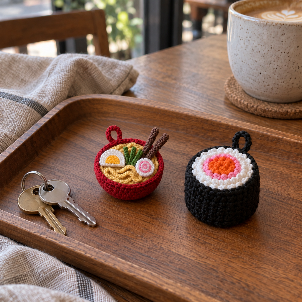 Close view of crocheted sushi and ramen charms on a wooden table